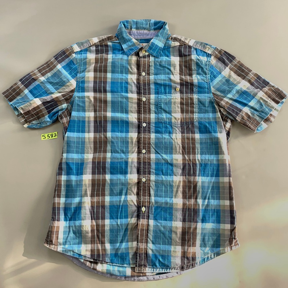 Tommy Bahama Jeans Mens Medium Blue Brown Plaid Short Sleeve Button Down Shirt